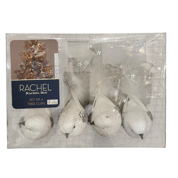Rachel Roy Rhinestone Feathered Dove Christmas Tree Clips Set of 4 White New - Picture 1 of 14